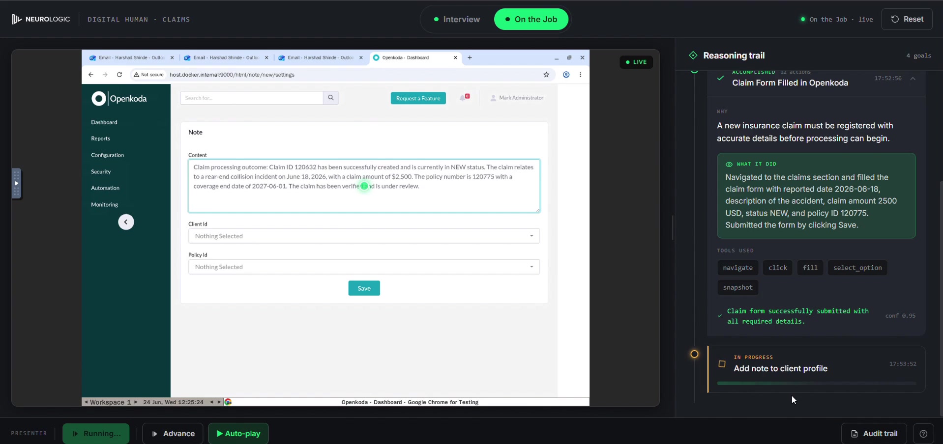 Original synthetic motor-claims demo showing the application alongside the model’s reasoning panel