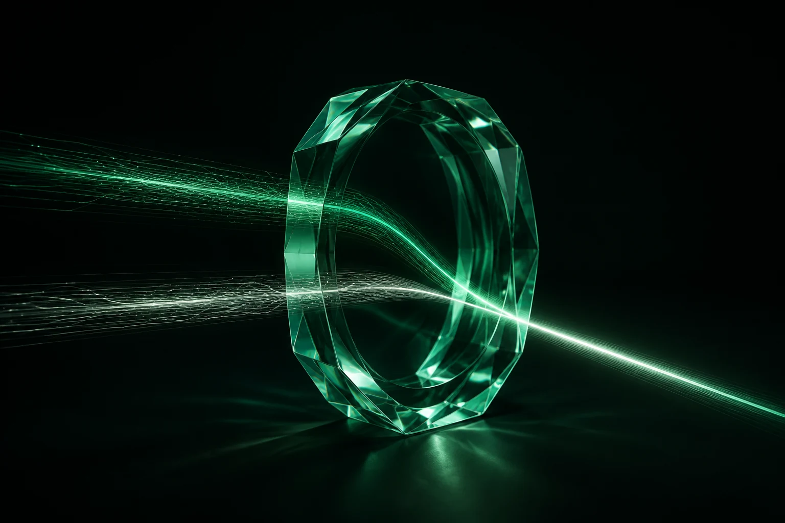 Two luminous information streams meet inside a faceted emerald lens and resolve into one clear path.
