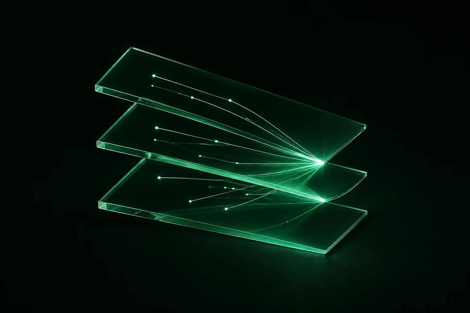 Fine light paths across three translucent emerald planes converge into a clear node, representing an account decision grounded in context.